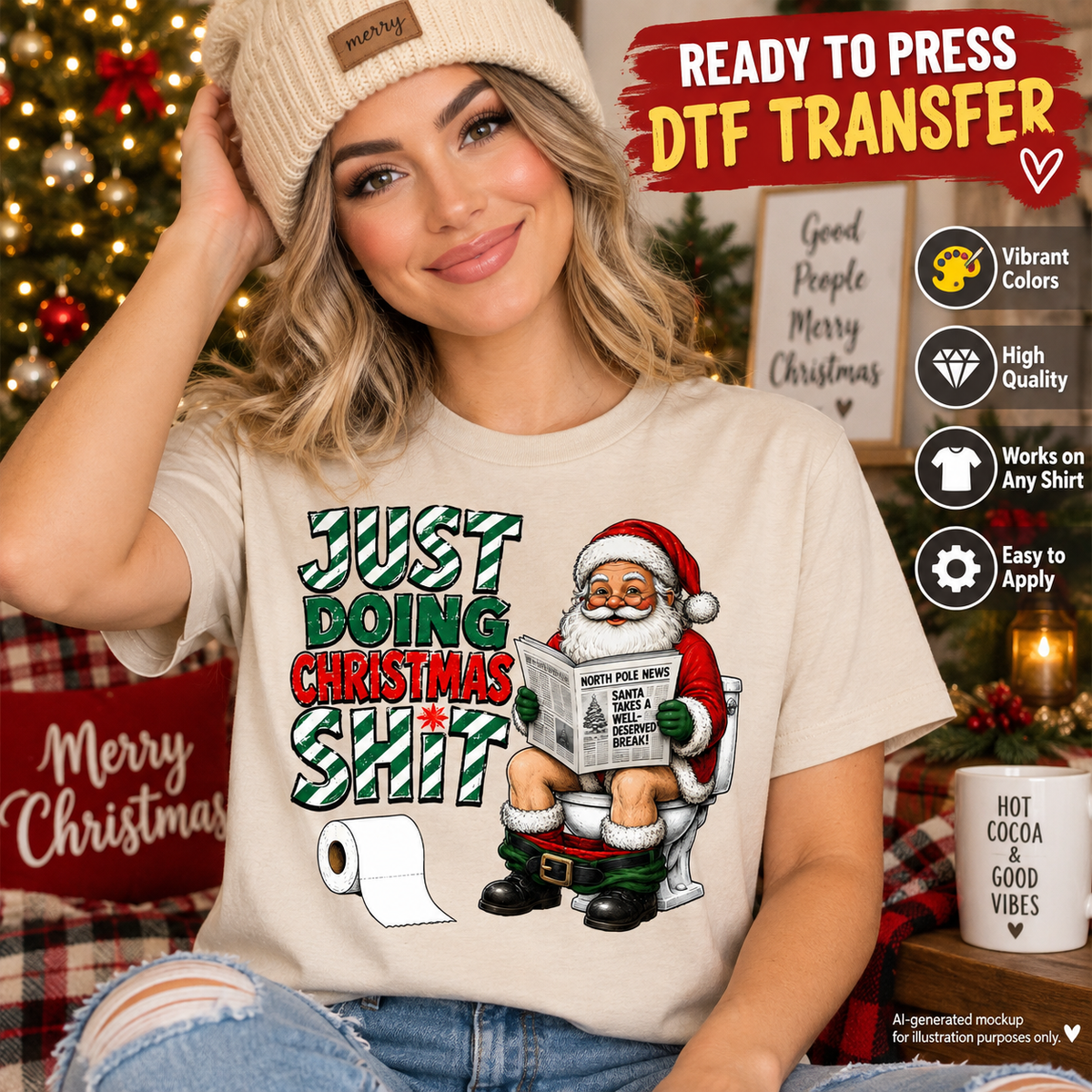 Woman wearing a cream Christmas shirt featuring Santa sitting on a toilet reading a newspaper with the phrase Just Doing Christmas Shit as a DTF transfer mockup.
