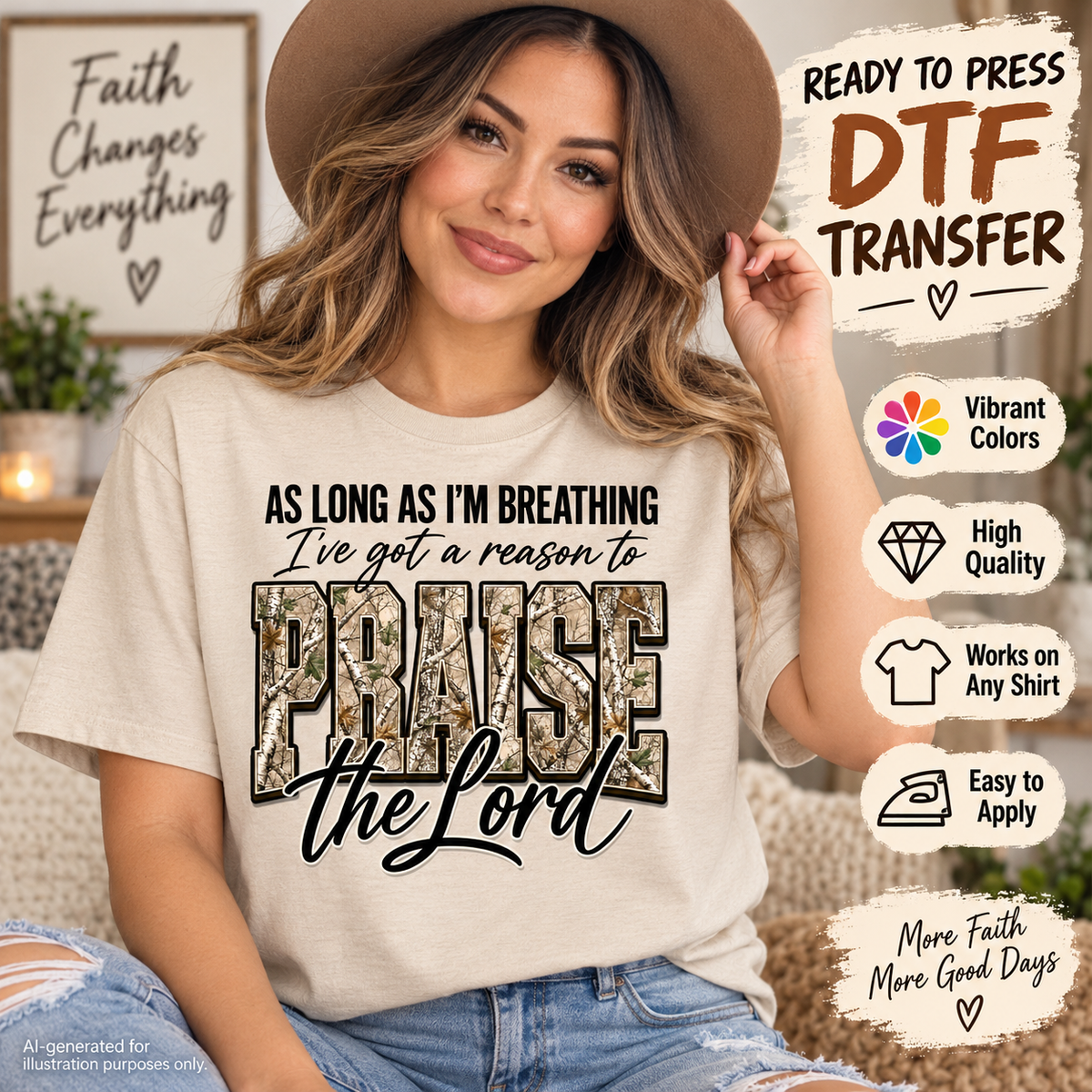 Woman wearing a cream shirt featuring an As Long As I’m Breathing I’ve Got a Reason to Praise the Lord Christian design with camouflage-style lettering as a DTF transfer mockup.