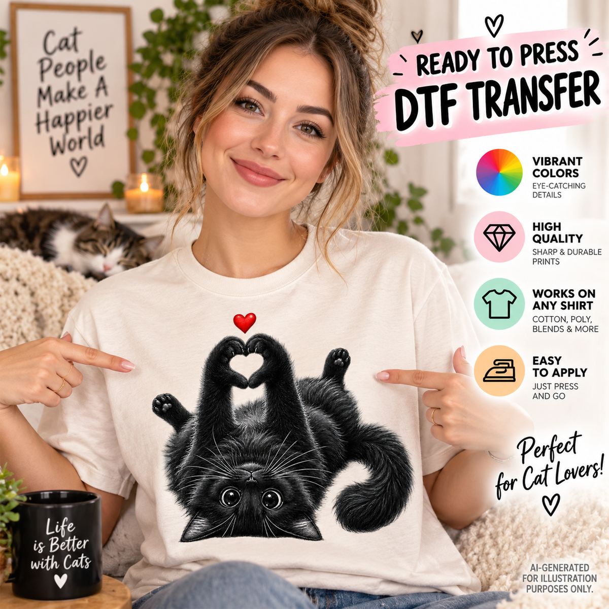 Woman wearing a cream shirt featuring a fluffy black cat lying upside down with its paws forming a heart and a red heart accent as a DTF transfer mockup.