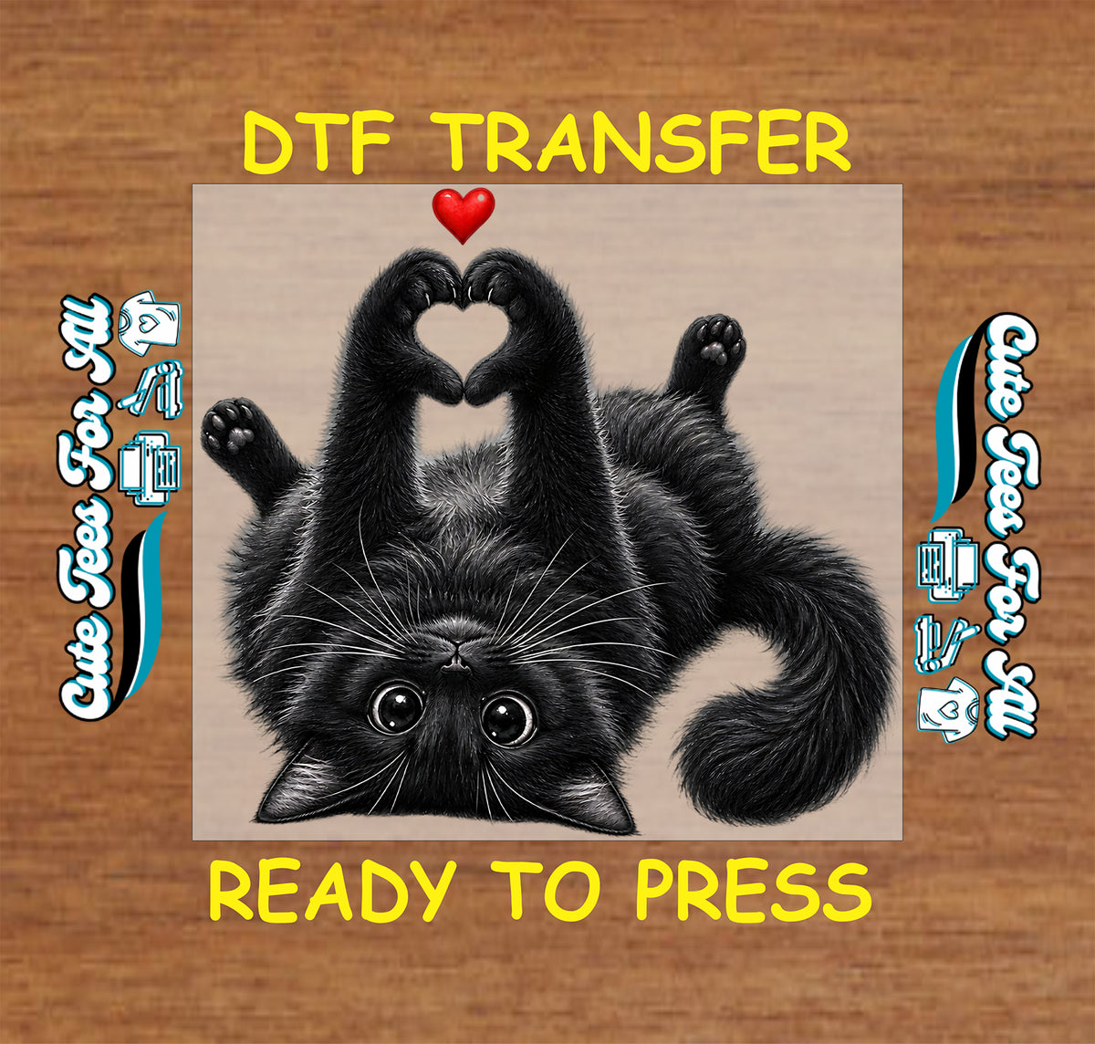 Black cat DTF transfer featuring a fluffy upside-down cat with large eyes, paws forming a heart shape and a bright red heart above.