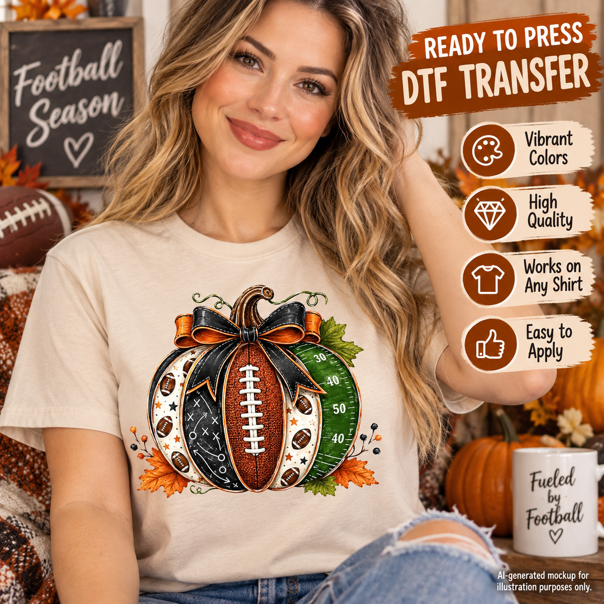 Woman wearing a cream fall shirt featuring a football-themed pumpkin with black and orange bow, playbook graphics, yard lines and autumn leaves as a DTF transfer mockup.