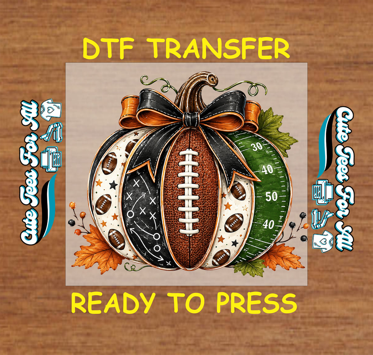 Football pumpkin DTF transfer featuring football panels, playbook markings, green field yard lines, mini footballs, black and orange bow and autumn leaves.