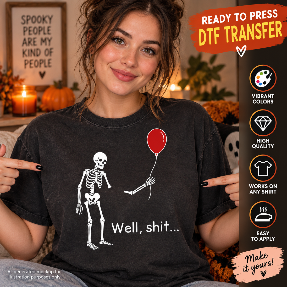 Woman wearing a dark charcoal Halloween shirt featuring a white skeleton holding a red balloon with a detached arm and the phrase Well, shit as a DTF transfer mockup.