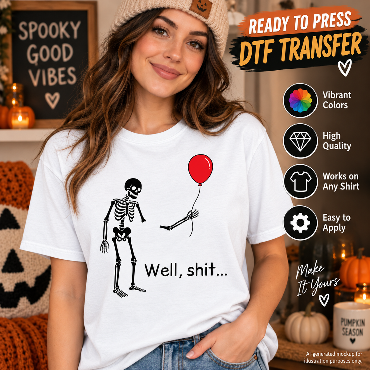 Woman wearing a white Halloween shirt featuring a black skeleton with a detached arm floating away on a red balloon and the phrase Well, shit as a DTF transfer mockup.