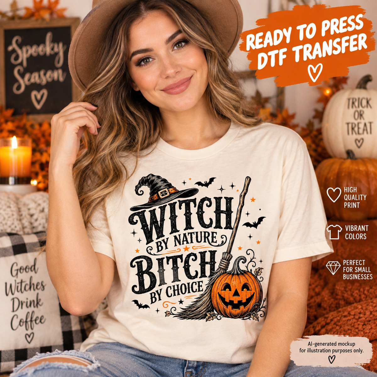 Woman wearing a cream Halloween shirt featuring a Witch by Nature Bitch by Choice design with witch hat, broom, bats, stars and jack-o’-lantern as a DTF transfer mockup.