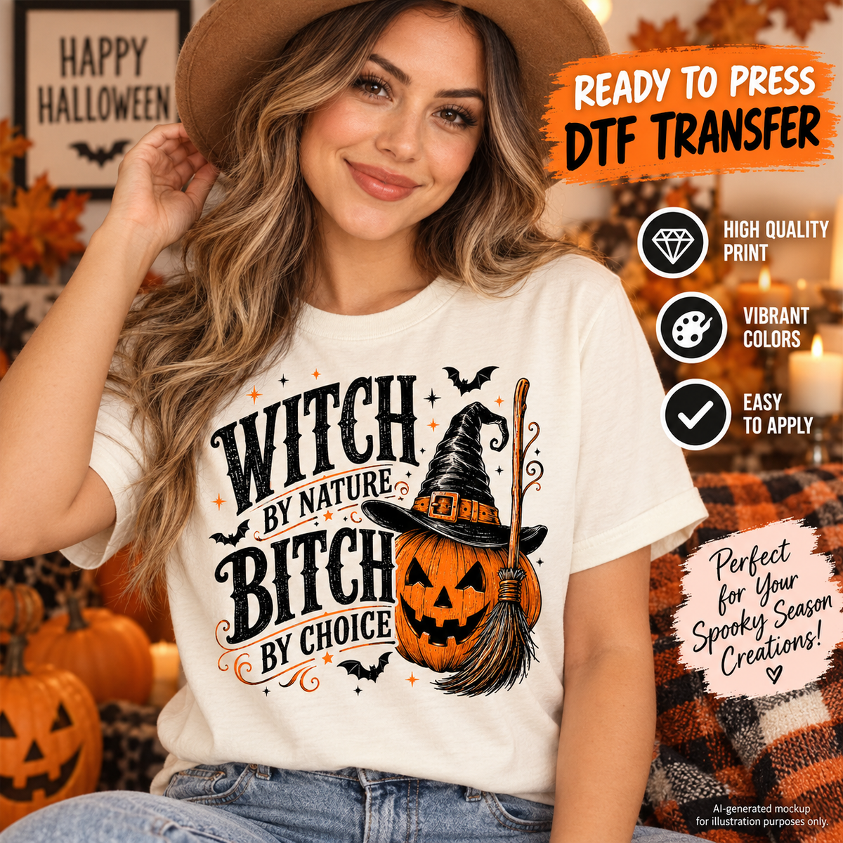 Woman wearing a cream Halloween shirt featuring a Witch by Nature Bitch by Choice design with jack-o’-lantern, witch hat, broom, bats and orange accents as a DTF transfer mockup.