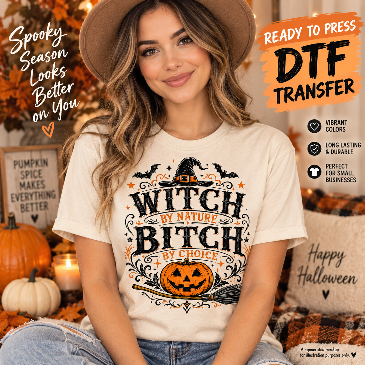 Woman wearing a cream Halloween shirt featuring a Witch by Nature Bitch by Choice design with witch hat, jack-o’-lantern, broom, bats, stars and vintage orange accents as a DTF transfer mockup.