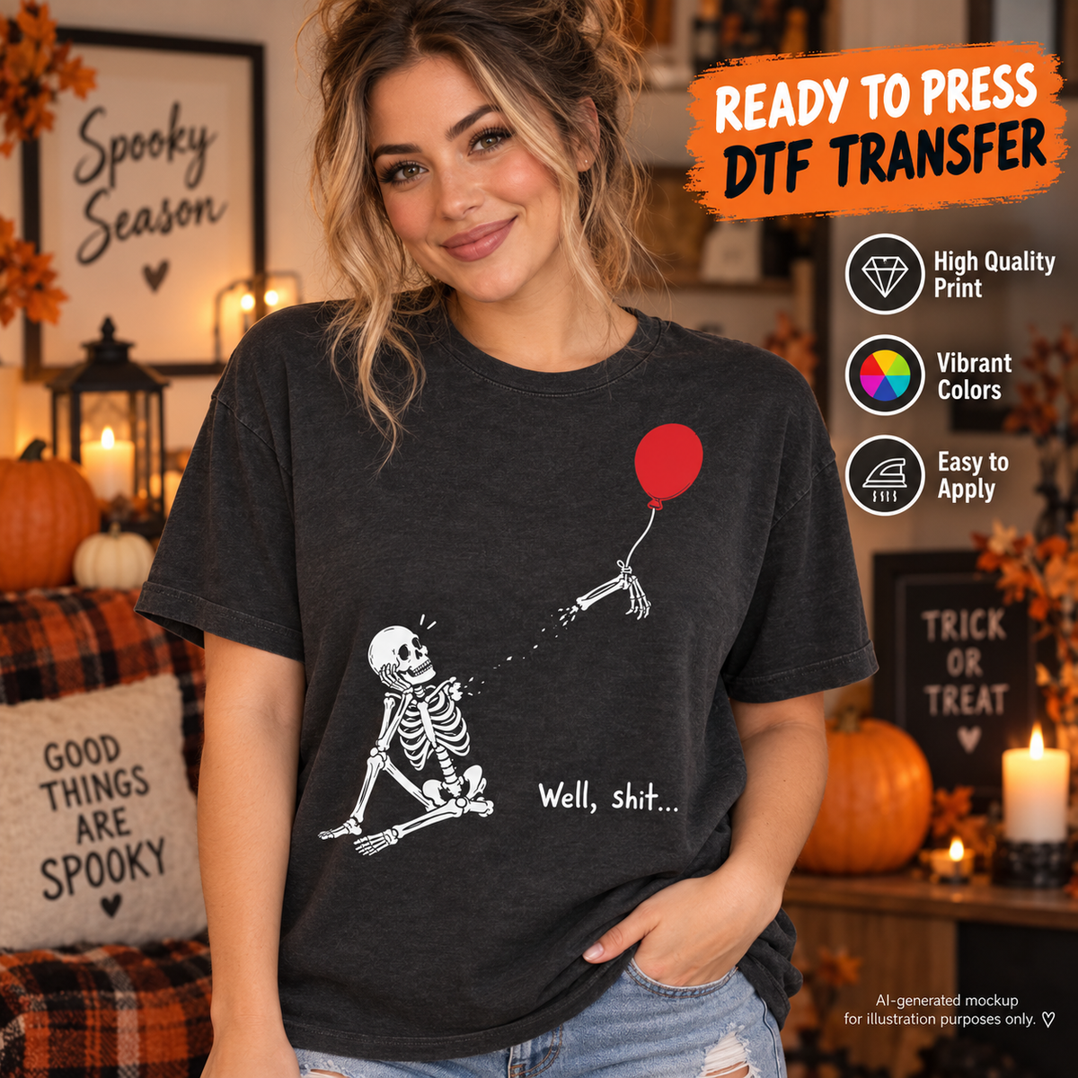 Woman wearing a dark charcoal Halloween shirt featuring a white skeleton watching its detached arm float away with a red balloon and the phrase Well, shit as a DTF transfer mockup.