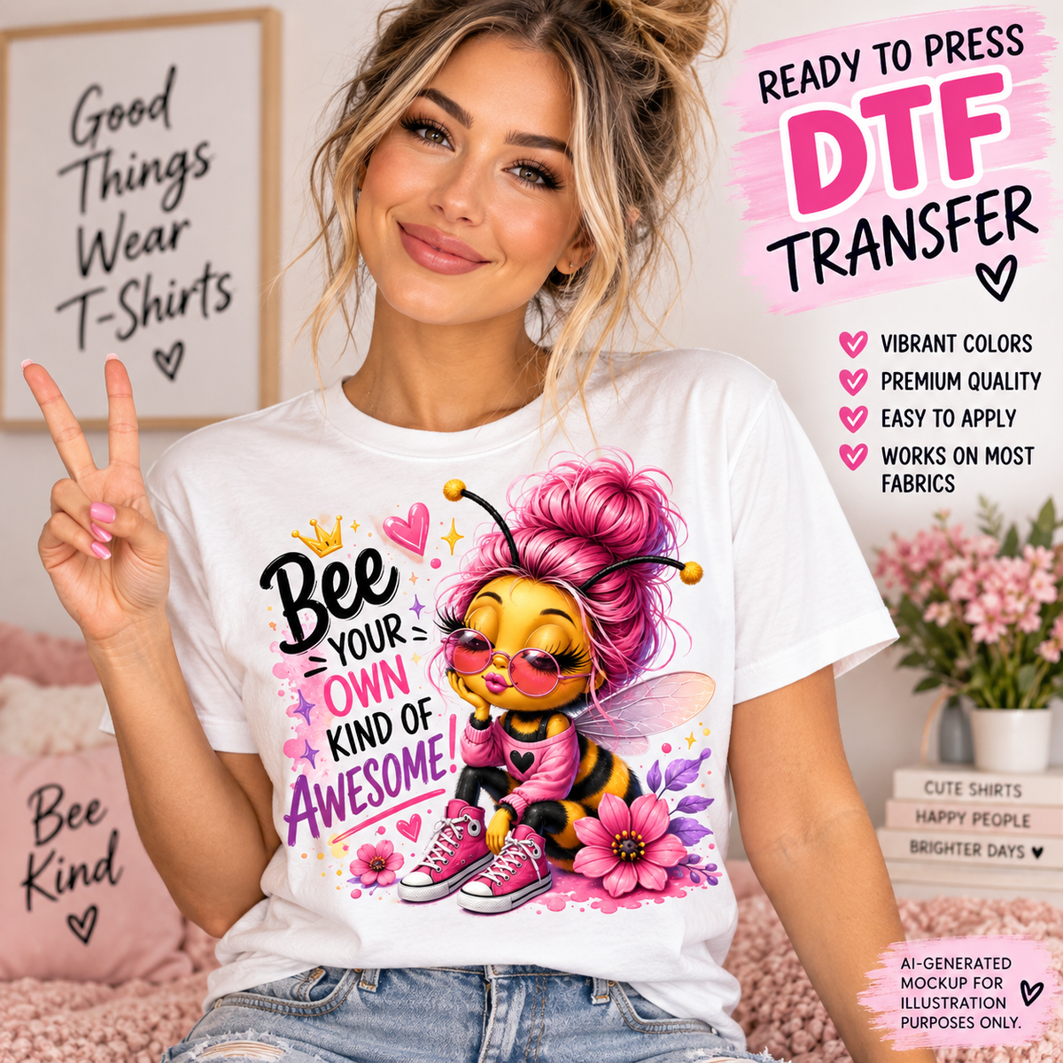 Woman wearing a white shirt featuring a cute fashionable bee with pink hair, sunglasses, pink sneakers, flowers and the phrase Bee Your Own Kind of Awesome as a DTF transfer mockup.