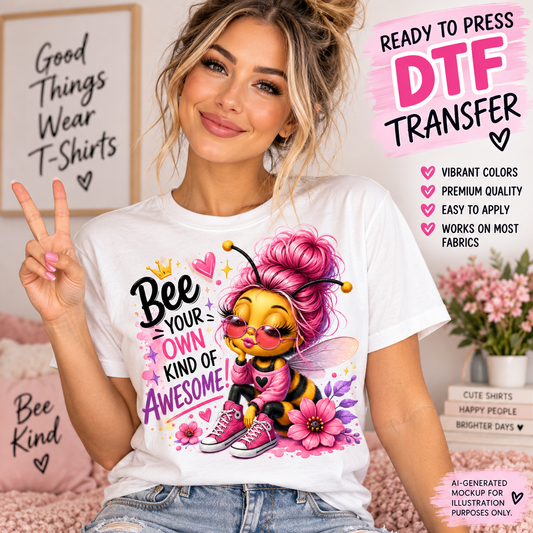 Woman wearing a white shirt featuring a cute fashionable bee with pink hair, sunglasses, pink sneakers, flowers and the phrase Bee Your Own Kind of Awesome as a DTF transfer mockup.