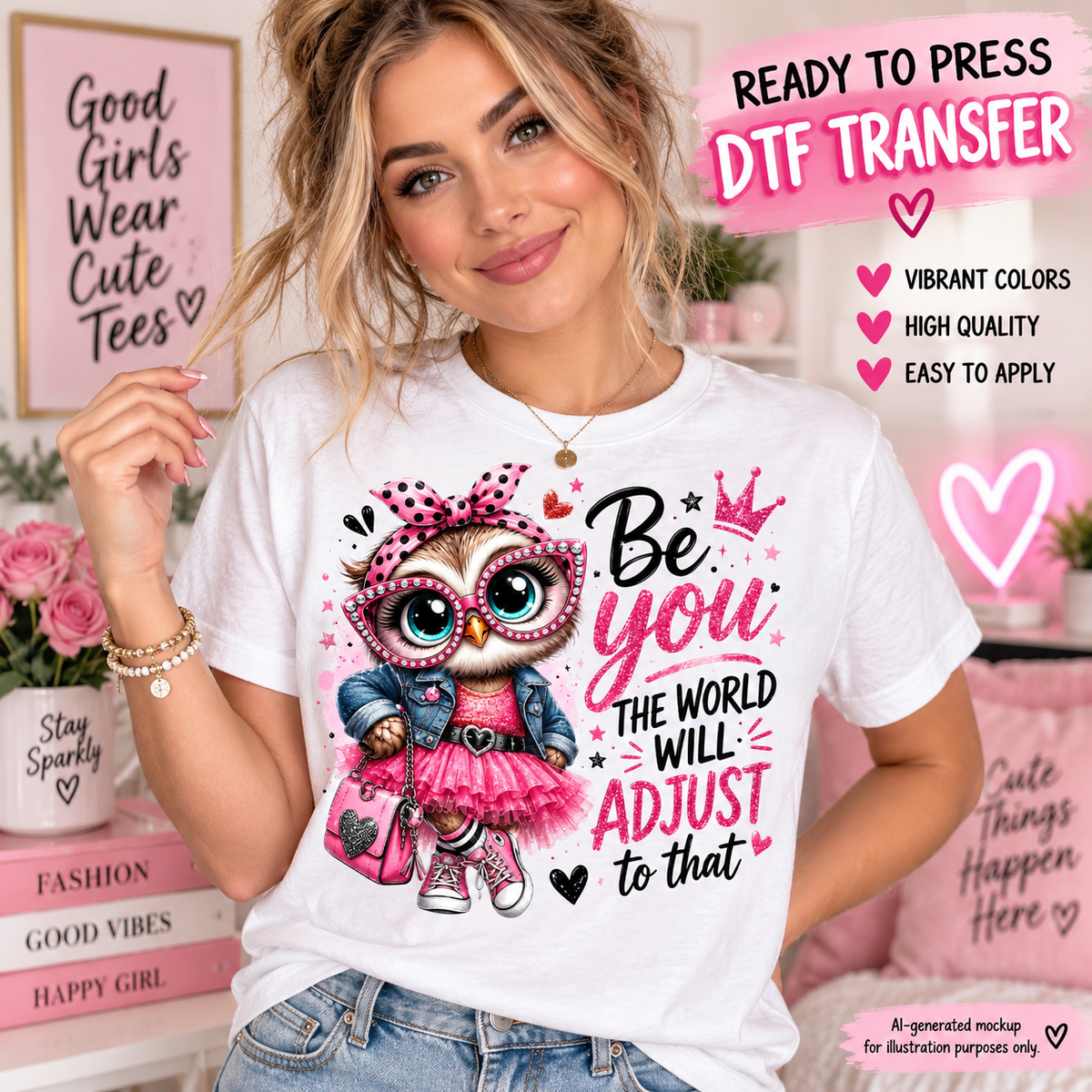 Woman wearing a white shirt featuring a fashionable owl in pink glasses, bow, denim jacket and skirt with the phrase Be You The World Will Adjust as a DTF transfer mockup.