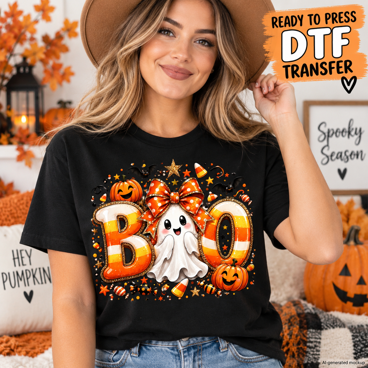 Cute Boo Halloween DTF transfer featuring candy corn inspired BOO lettering, smiling ghost with orange polka dot bow, pumpkins, bats, stars and candy accents.