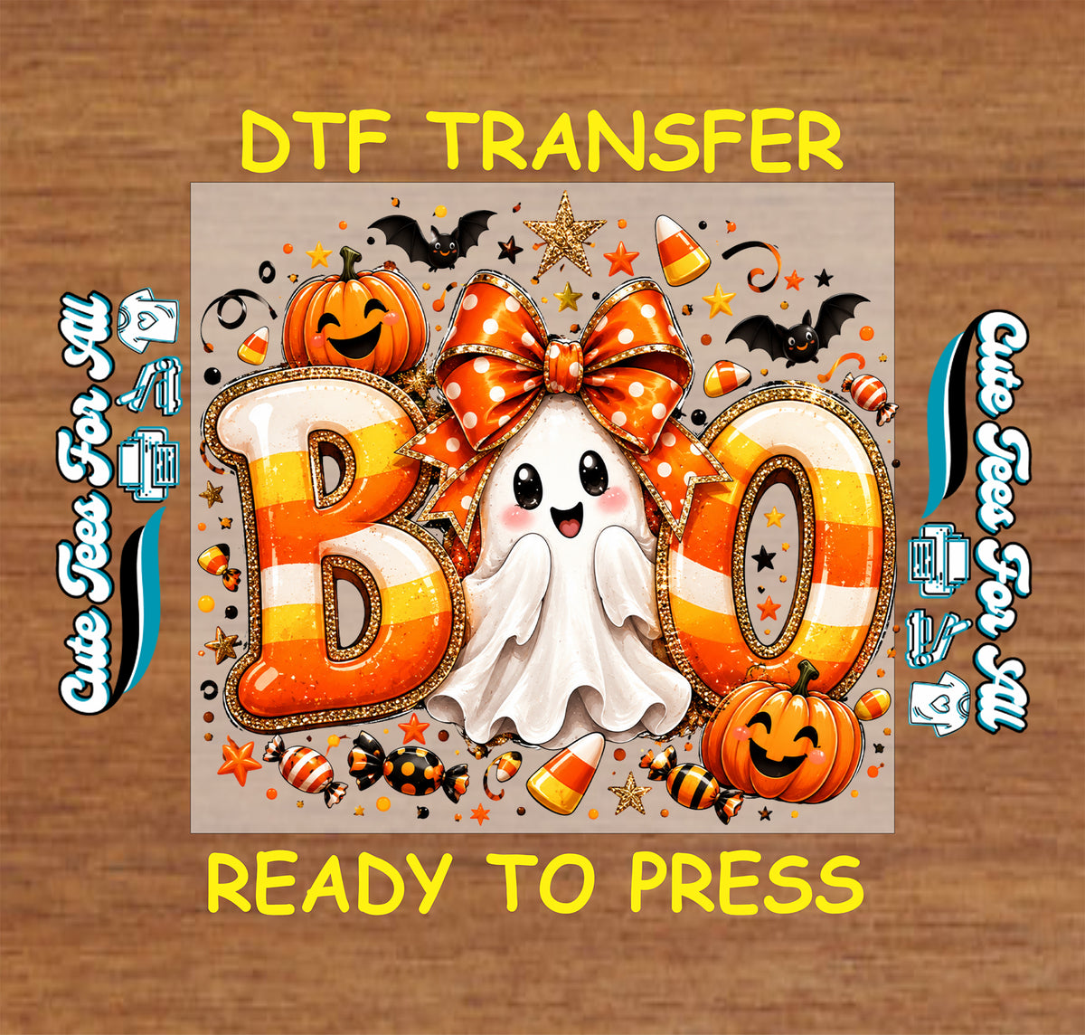 Cute Boo Halloween DTF transfer featuring candy corn inspired BOO lettering, smiling ghost with orange polka dot bow, pumpkins, bats, stars and candy accents.