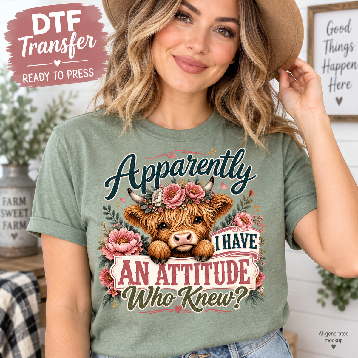 Woman wearing a sage green shirt featuring a Highland cow surrounded by pink flowers and the phrase Apparently I Have an Attitude Who Knew as a DTF transfer mockup.