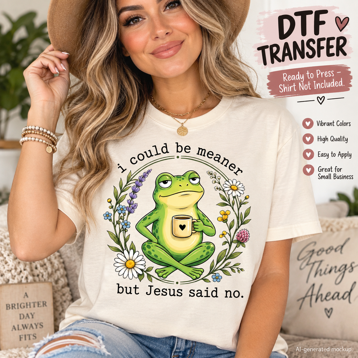 Woman wearing a cream shirt featuring a funny green frog holding a coffee mug surrounded by flowers with the phrase I Could Be Meaner But Jesus Said No as a DTF transfer mockup.