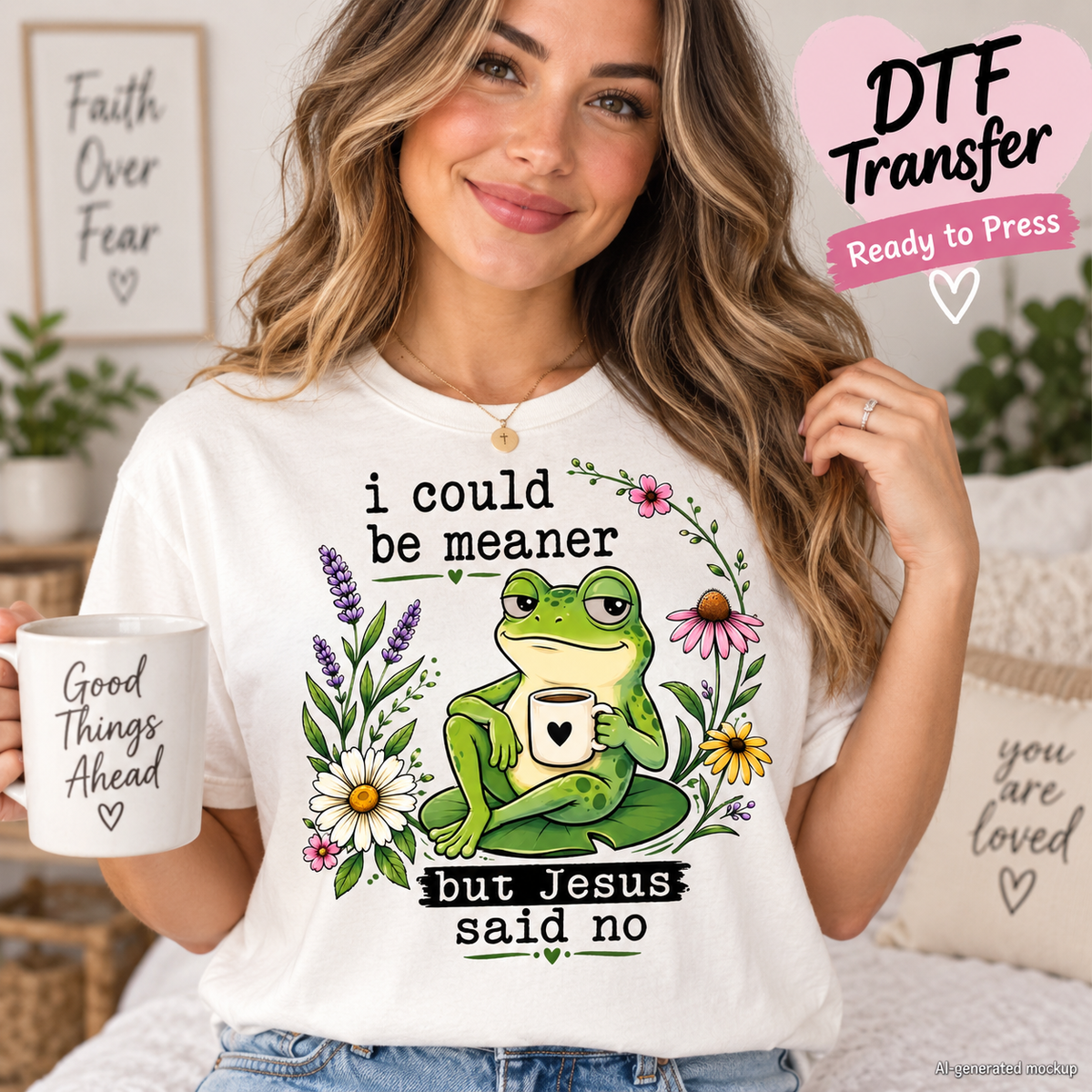 Woman wearing a white shirt featuring a green frog holding a coffee mug surrounded by flowers with the phrase I Could Be Meaner But Jesus Said No as a DTF transfer mockup.