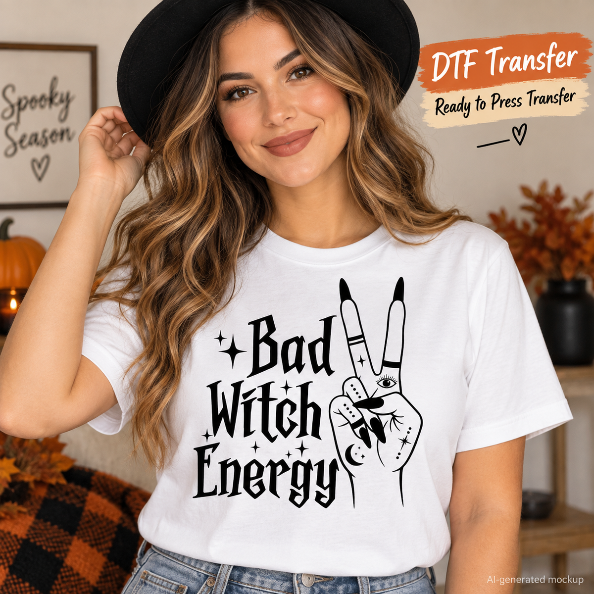 Woman wearing a white shirt featuring a black Bad Witch Energy design with gothic lettering and a mystical peace-sign hand as a DTF transfer mockup.