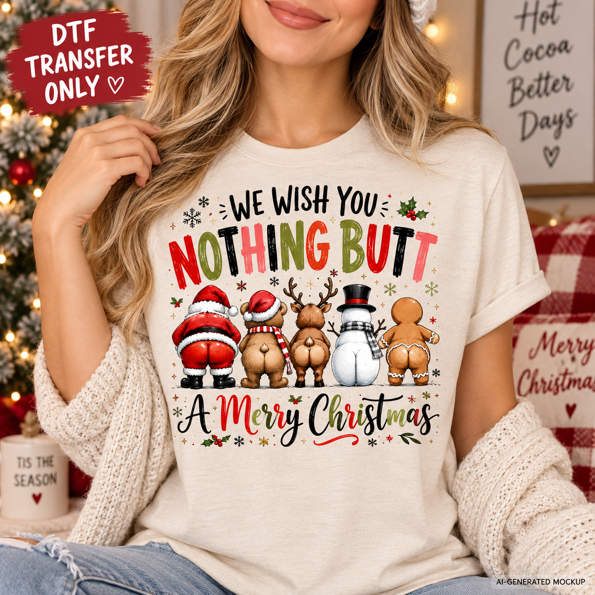 Woman wearing a cream Christmas shirt featuring Santa, bear, reindeer, snowman and gingerbread characters from behind with the phrase We Wish You Nothing Butt a Merry Christmas as a DTF transfer mockup.