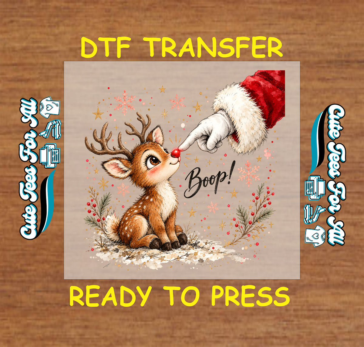 Boop Christmas reindeer DTF transfer featuring a cute baby deer with antlers and red nose, Santa’s gloved hand, snowflakes, stars, berries and festive greenery.