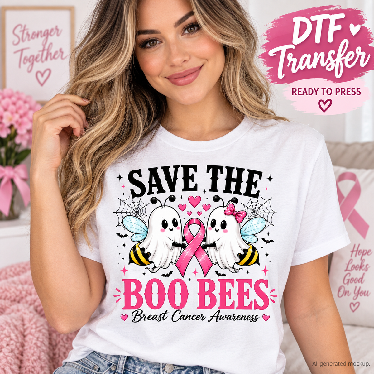Woman wearing a white shirt featuring a Save the Boo Bees Breast Cancer Awareness design with ghost bees, pink ribbon, hearts, spiderwebs and bats as a DTF transfer mockup.