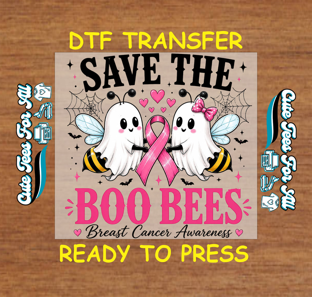 Save the Boo Bees breast cancer awareness DTF transfer featuring two cute ghost bees holding a pink ribbon with hearts, spiderwebs, bats and Halloween details.