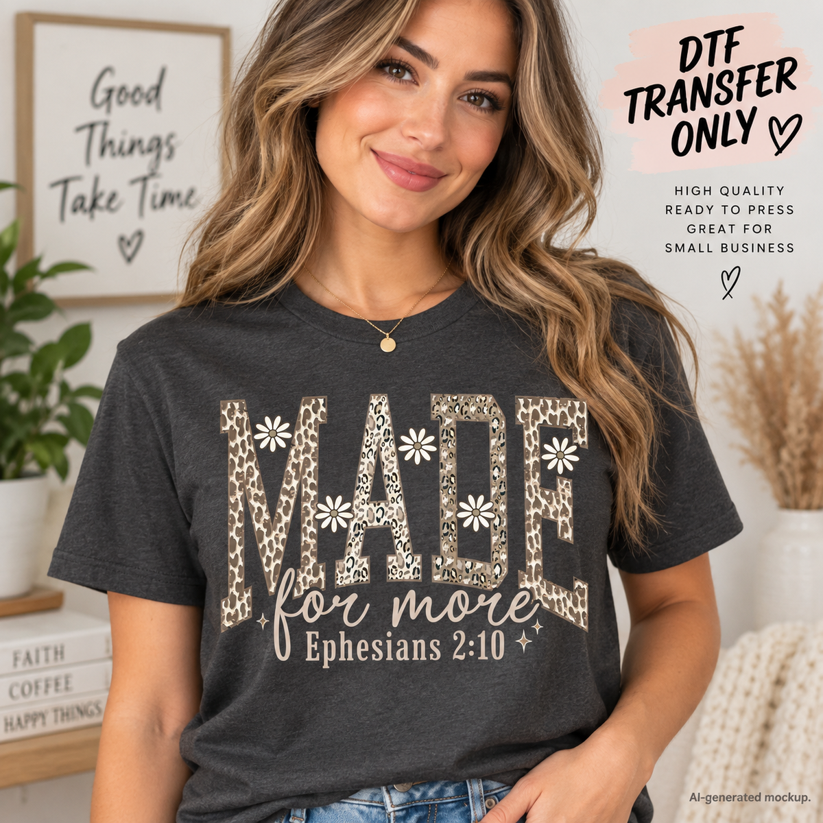 Woman wearing a charcoal shirt featuring a Made for More Ephesians 2:10 Christian design with leopard print lettering and daisy accents as a DTF transfer mockup.
