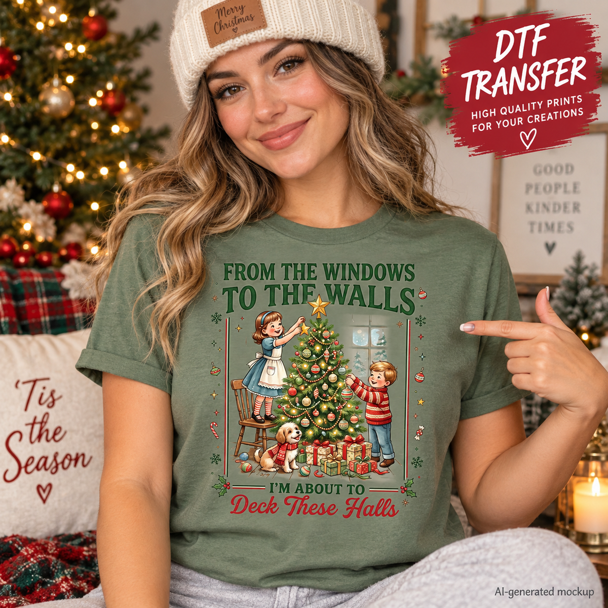 Woman wearing a sage green Christmas shirt featuring a From the Windows to the Walls I’m About to Deck These Halls design with children decorating a Christmas tree, presents and a dog as a DTF transfer mockup.