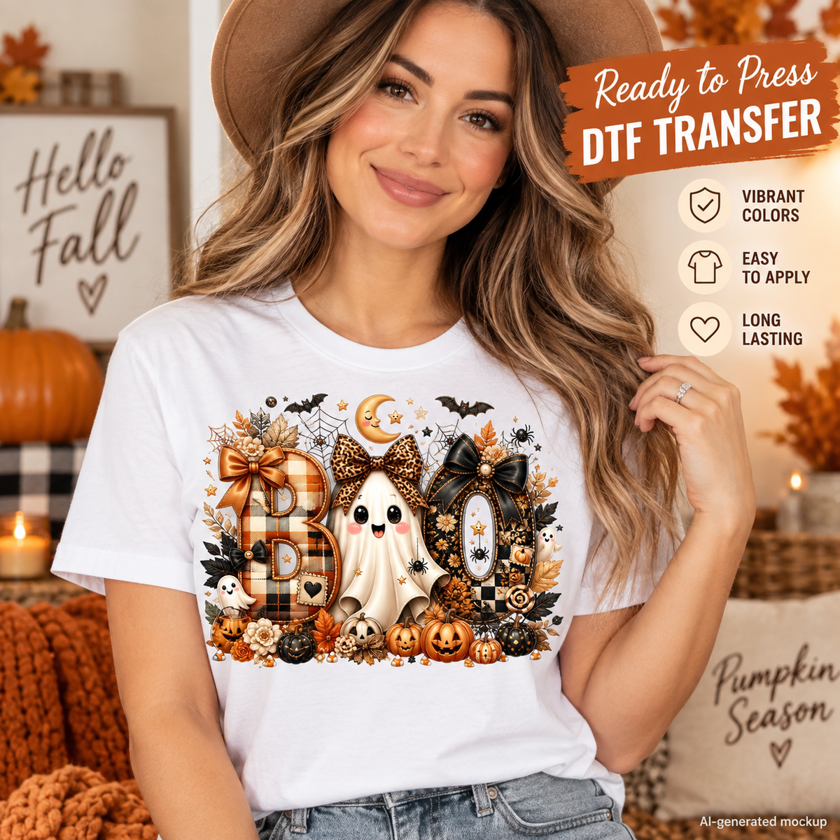 Woman wearing a white Halloween shirt featuring a cute BOO ghost design with leopard bow, plaid lettering, pumpkins, bats, spiderwebs and fall accents as a DTF transfer mockup.