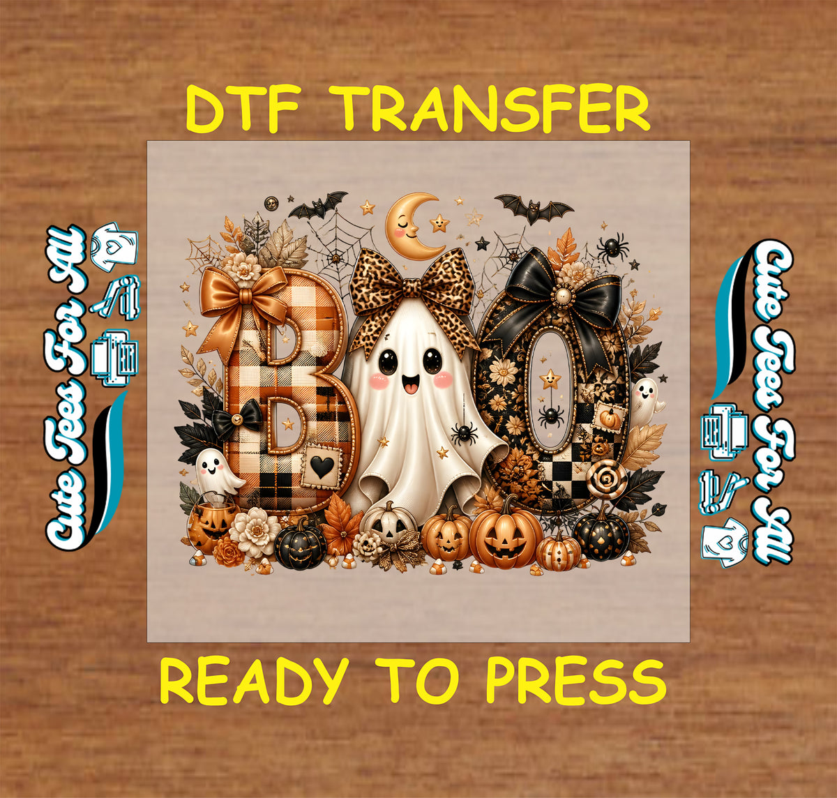 Cute Boo Halloween DTF transfer featuring a smiling ghost with leopard bow, patterned BOO lettering, pumpkins, bats, spiderwebs, crescent moon and autumn floral details.