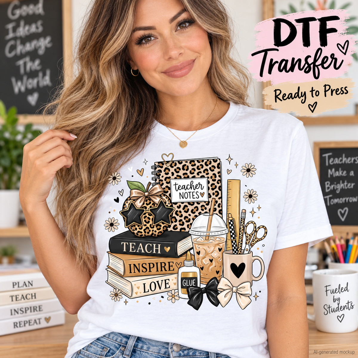Woman wearing a white teacher shirt featuring a leopard print Teacher Notes notebook, coffee, bows, flowers, books and school supplies as a DTF transfer mockup.