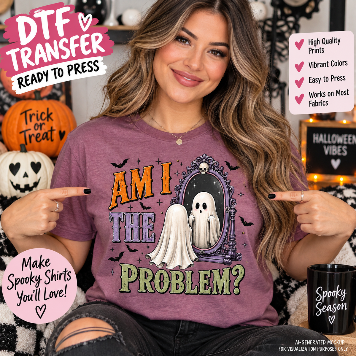 Woman wearing a mauve Halloween shirt featuring a cute ghost looking into an ornate purple mirror with bats, stars and the phrase Am I the Problem as a DTF transfer mockup.