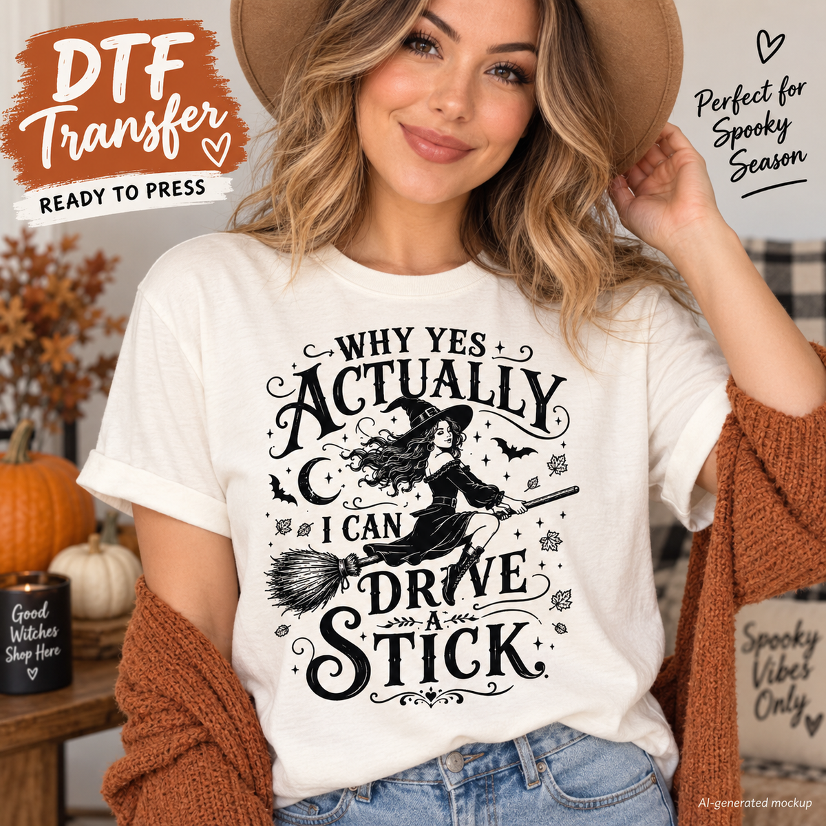Woman wearing a cream Halloween shirt featuring a witch riding a broom with bats, stars, moon details and the phrase Why Yes Actually I Can Drive a Stick as a DTF transfer mockup.