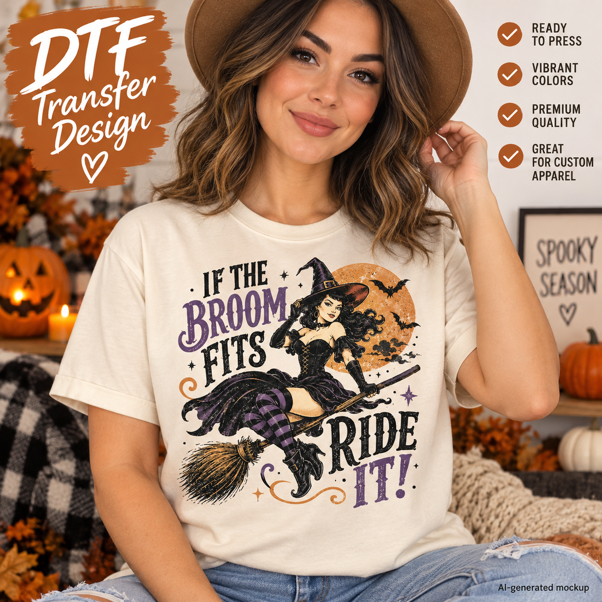 Woman wearing a cream Halloween shirt featuring a witch riding a broom in front of an orange moon with bats, stars and the phrase If the Broom Fits Ride It as a DTF transfer mockup.