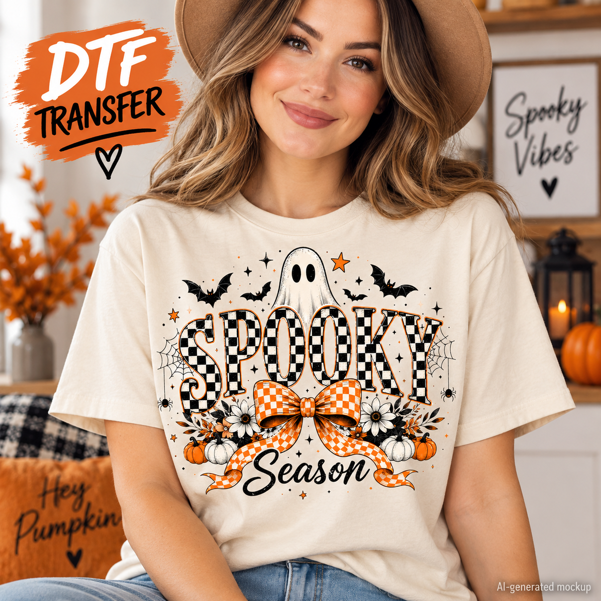 Woman wearing a cream Halloween shirt featuring a Spooky Season design with checkerboard lettering, cute ghost, orange gingham bow, bats, spiderwebs, pumpkins and daisies as a DTF transfer mockup.