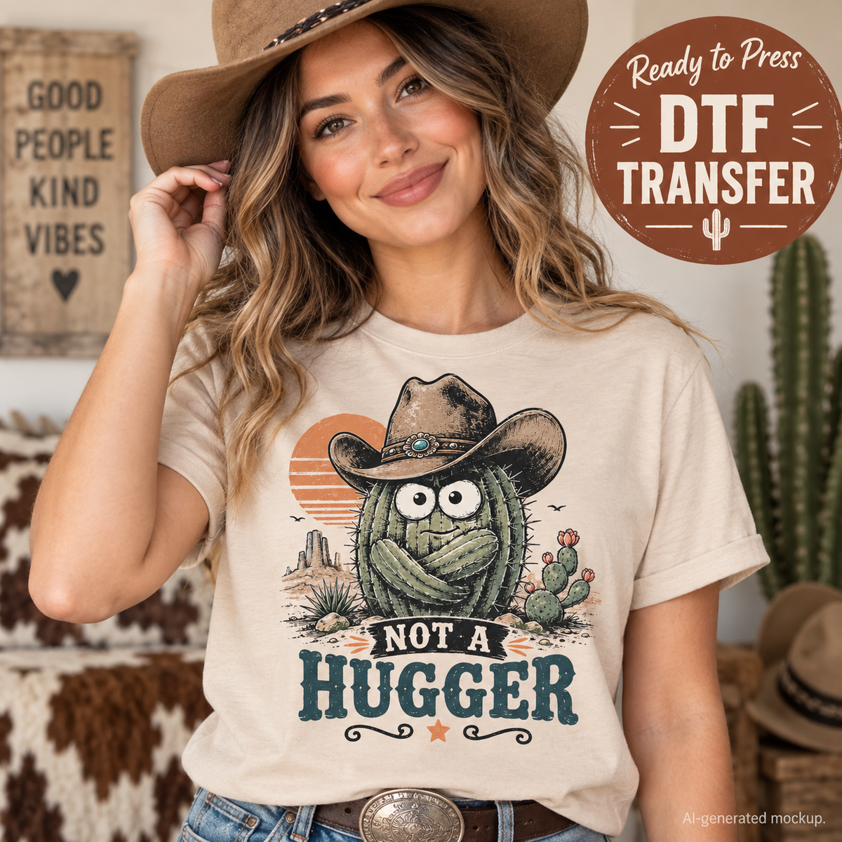 Woman wearing a cream western shirt featuring a funny cactus in a cowboy hat with desert scenery and the phrase Not a Hugger as a DTF transfer mockup.