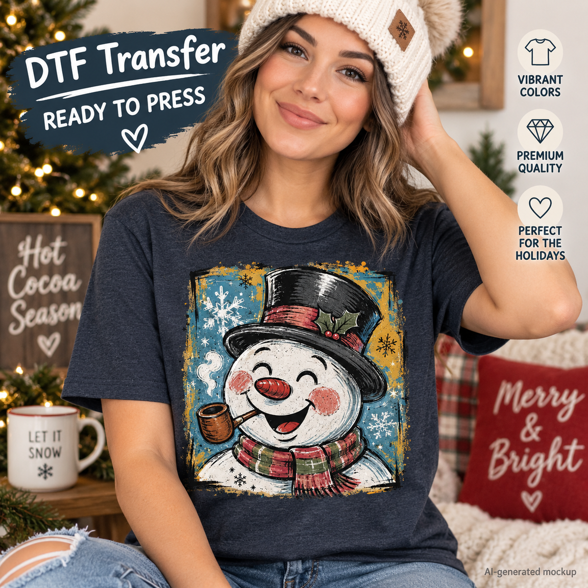 Woman wearing a navy Christmas shirt featuring a smiling vintage snowman with black top hat, plaid scarf, pipe and snowflake details as a DTF transfer mockup.
