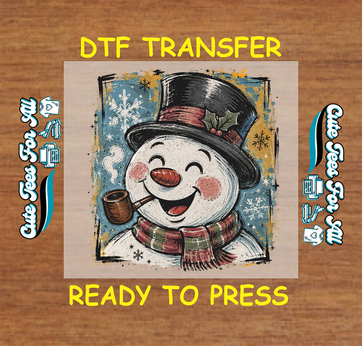 Vintage Snowman Christmas DTF transfer featuring a cheerful snowman with black top hat, holly, plaid scarf, carrot nose, pipe and distressed snowflake background.