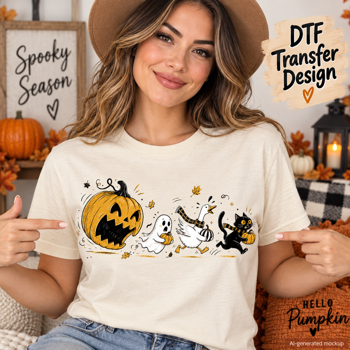 Woman wearing a cream Halloween shirt featuring a jack-o’-lantern, cute ghost, white duck and black cat carrying pumpkins as a DTF transfer mockup.