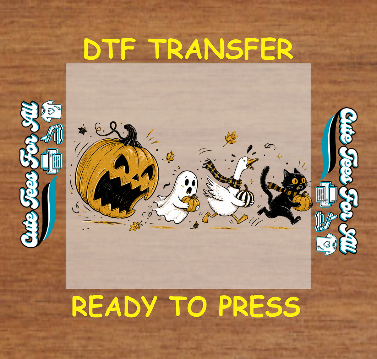 Cute Halloween DTF transfer featuring a large orange jack-o’-lantern with a small ghost, white duck, black cat, mini pumpkins and autumn leaf details.