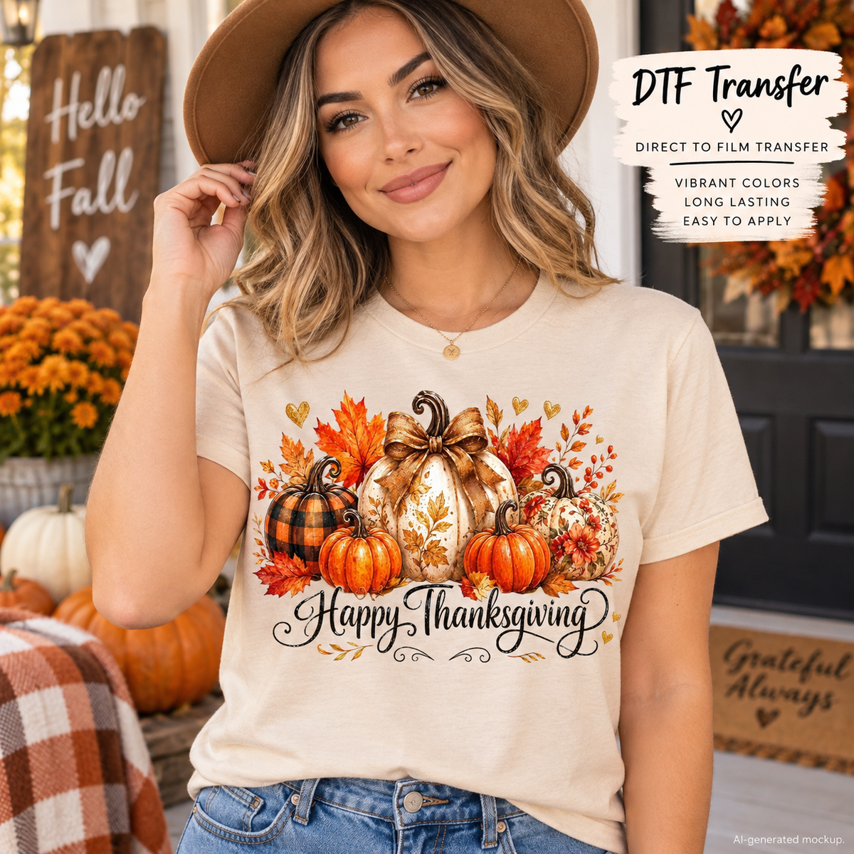 Woman wearing a cream Thanksgiving shirt featuring pumpkins, autumn leaves, florals, bows and Happy Thanksgiving lettering as a DTF transfer mockup.
