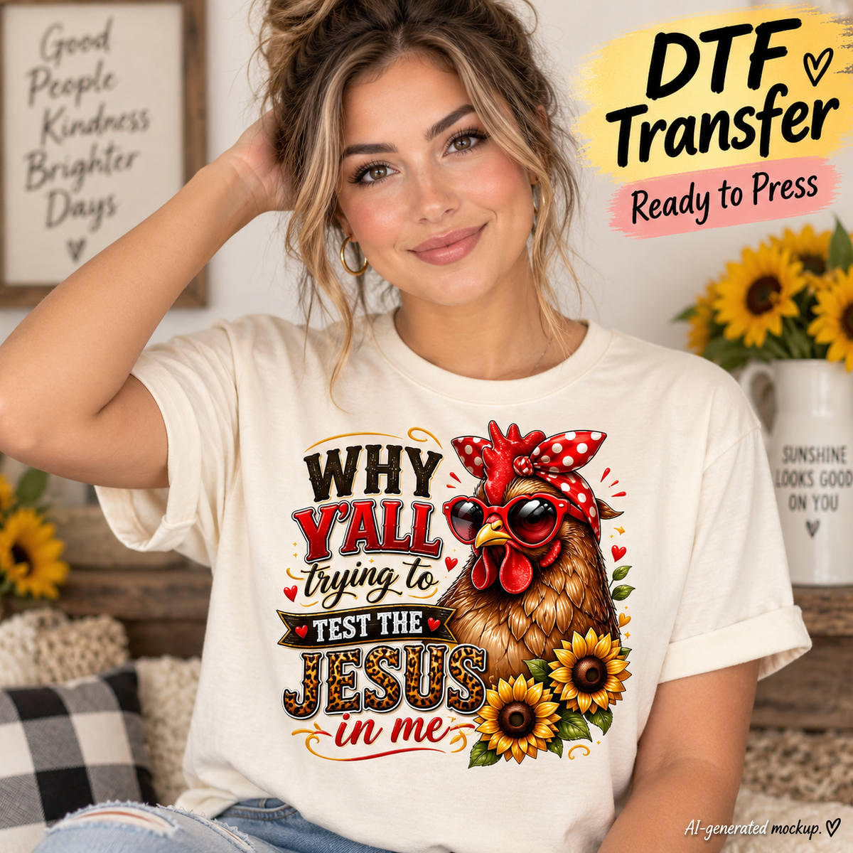 Woman wearing a cream shirt featuring a sassy chicken in sunglasses and red polka dot bow with sunflowers and the phrase Why Y’all Trying to Test the Jesus in Me as a DTF transfer mockup.