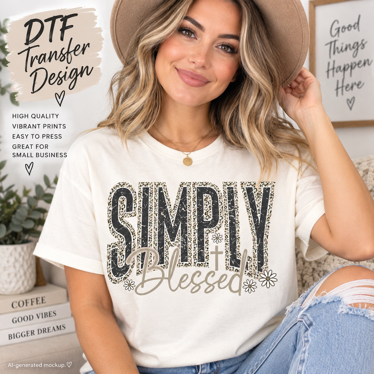 Woman wearing a cream shirt featuring a Simply Blessed Christian design with leopard print lettering, cross accent and daisies as a DTF transfer mockup.