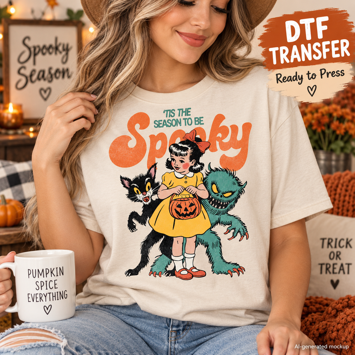 Woman wearing a cream Halloween shirt featuring a vintage Tis the Season to Be Spooky design with little girl, black cat, blue monster and pumpkin trick-or-treat bucket as a DTF transfer mockup.