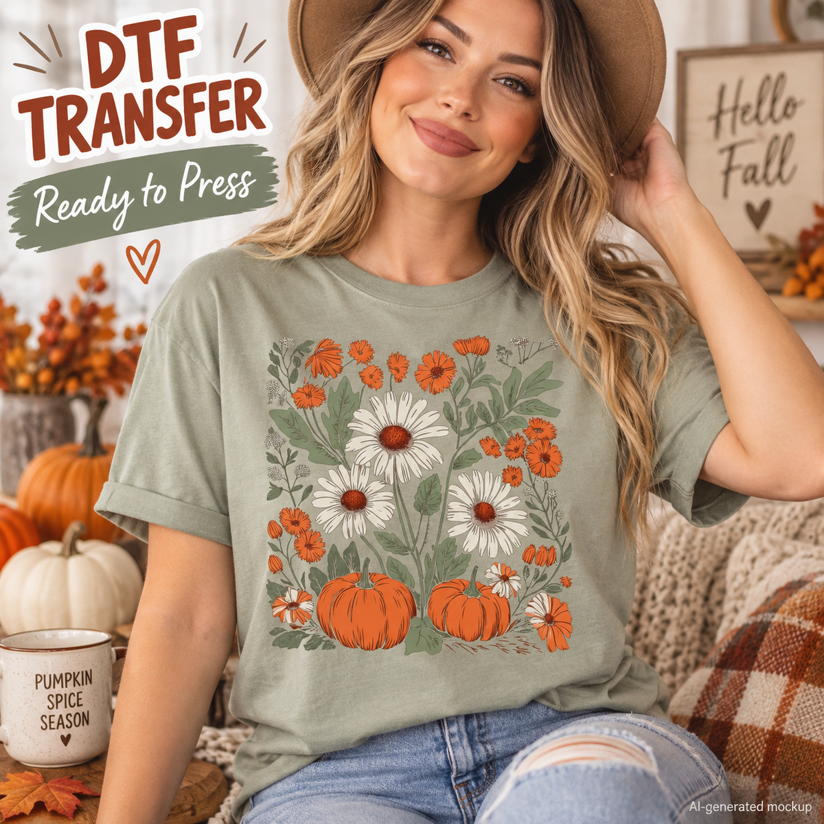 Woman wearing a sage green shirt featuring orange pumpkins, white daisies, orange wildflowers and green botanical foliage as a fall DTF transfer mockup.