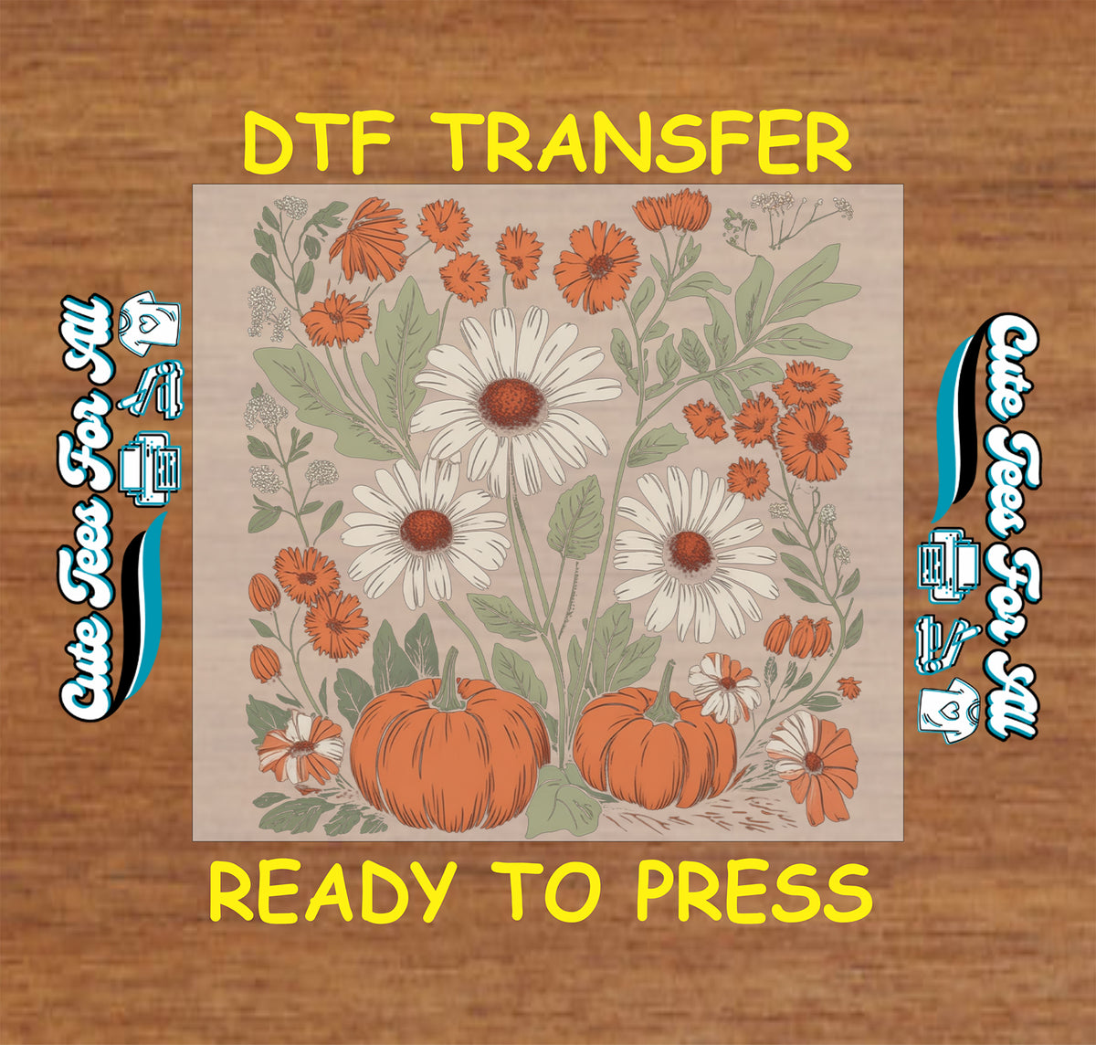 Fall pumpkin floral DTF transfer featuring orange pumpkins, large white daisies, orange flowers and green leafy botanical details.