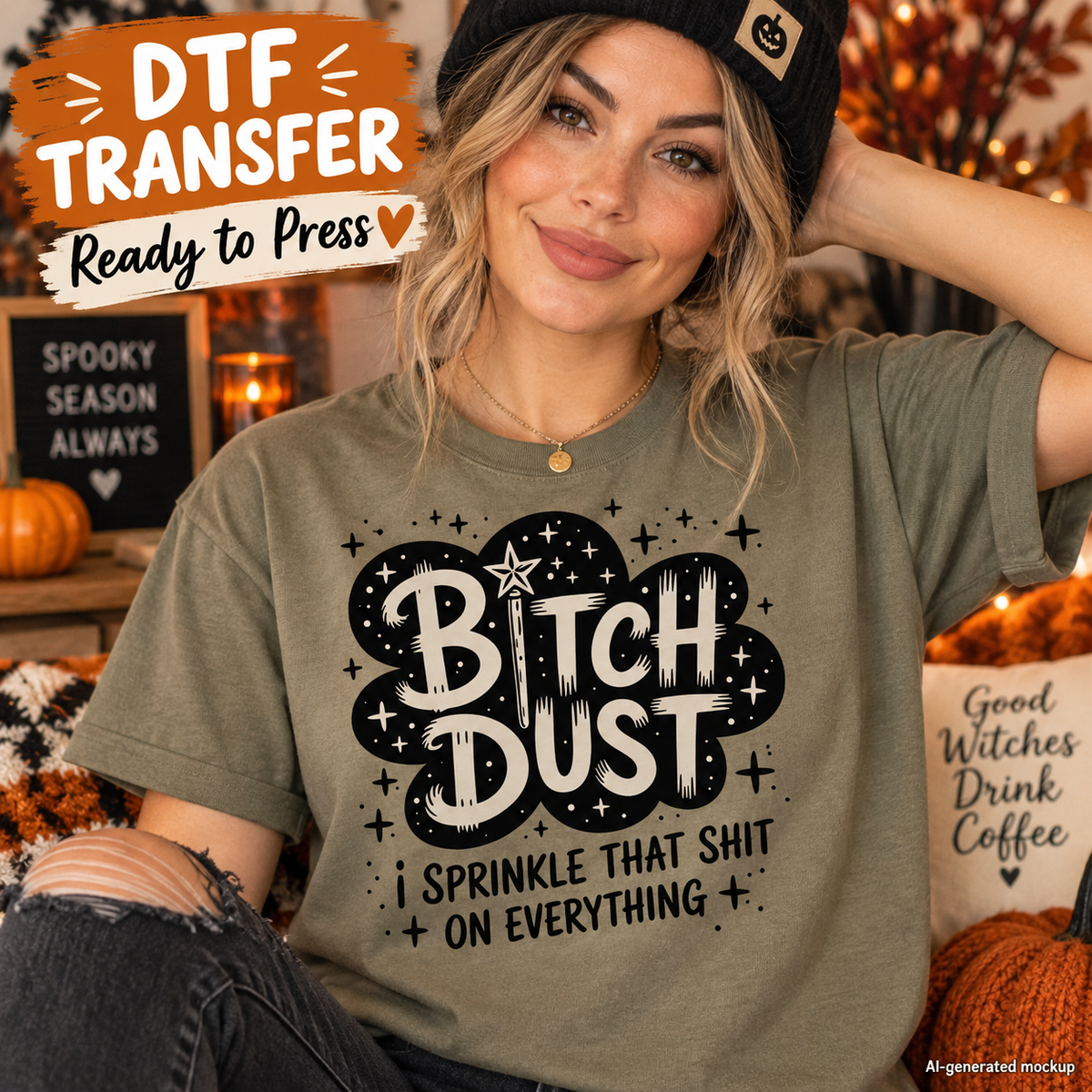 Woman wearing an olive green shirt featuring a Bitch Dust design with magic wand, stars, sparkles and the phrase I Sprinkle That Shit on Everything as a DTF transfer mockup.