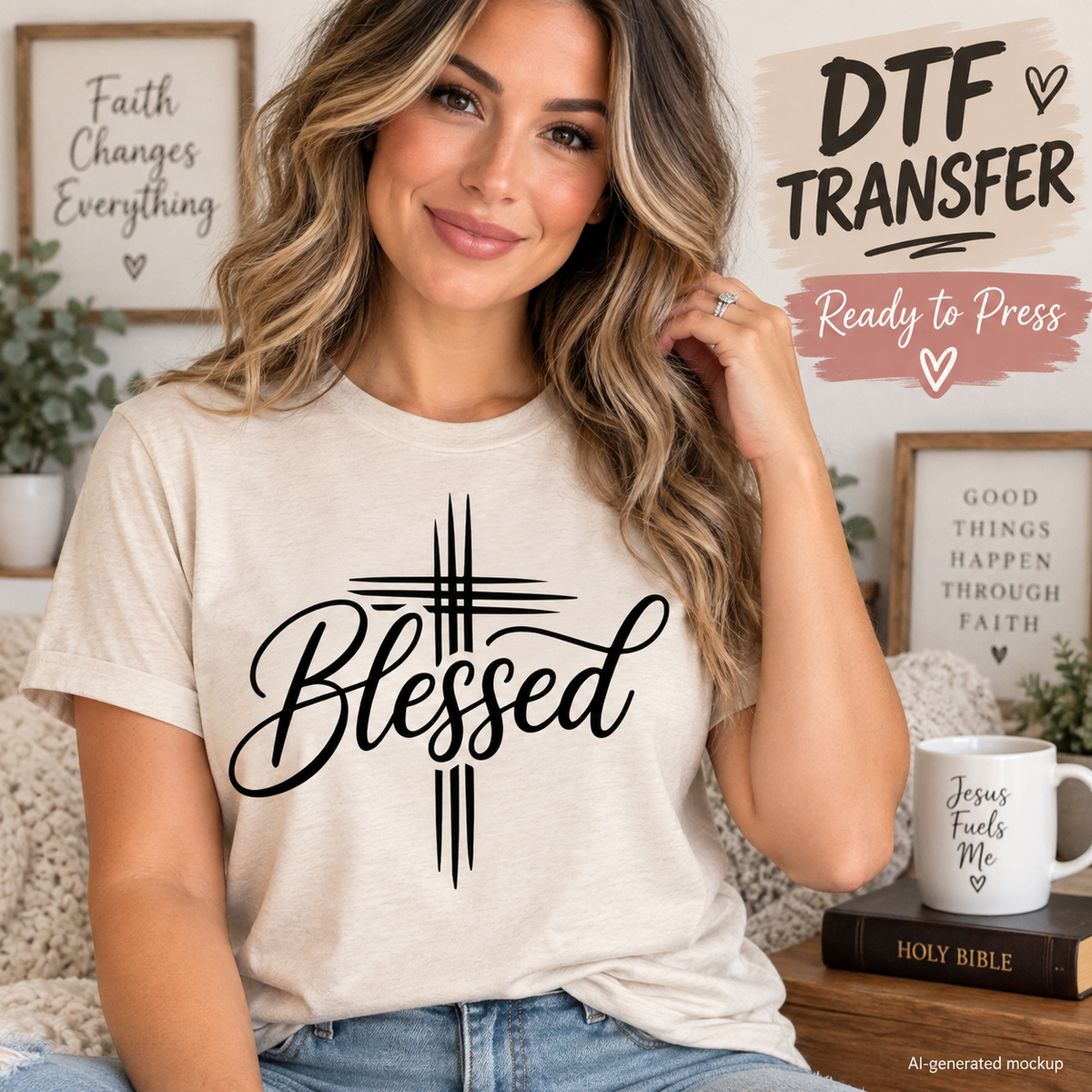 Woman wearing a cream shirt featuring a black Blessed Christian design with elegant script lettering and a modern cross as a DTF transfer mockup.