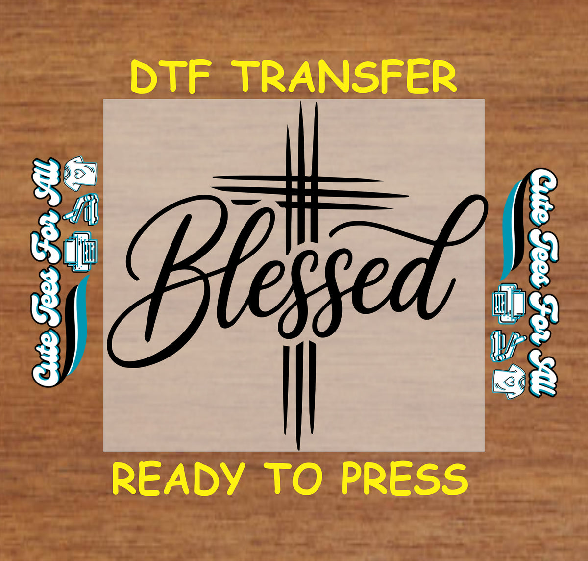 Blessed Christian DTF transfer featuring elegant black script lettering with a modern cross design in a clean minimalist faith-based style.