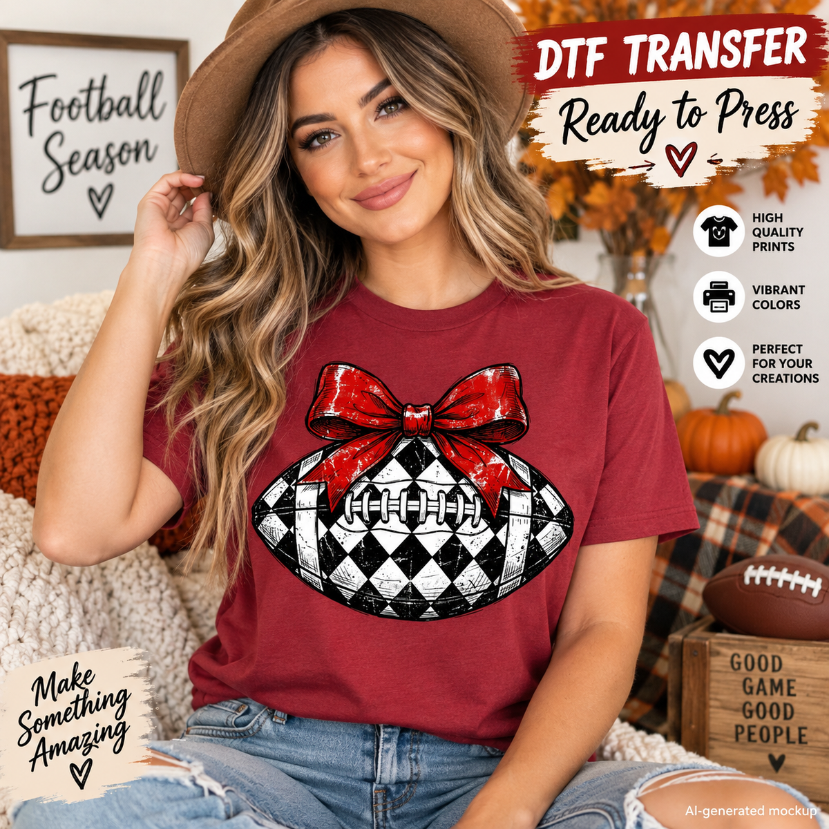 Woman wearing a red shirt featuring a black and white checkered football with a large red bow as a DTF transfer mockup.