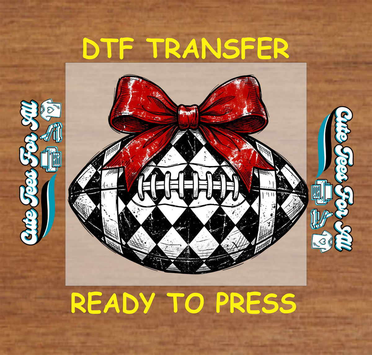 Football DTF transfer featuring a distressed black-and-white checkered football topped with a large red bow.